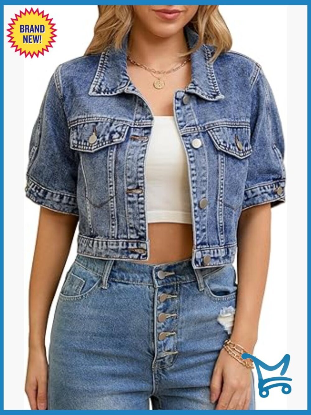 Cropped Denim Jacket Short Sleeve Button Down Casual Classic Summer Trendy